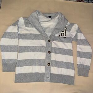 Tommy Hilfiger Gray‎ Striped Hoodie Graphic Letter Button Womens Medium